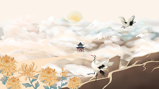 手绘菊花仙鹤云层背景图