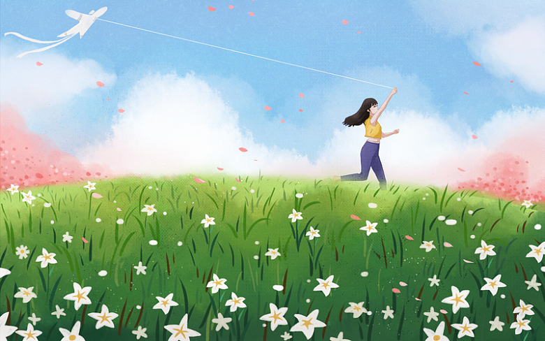 春天樱花放风筝的小女孩