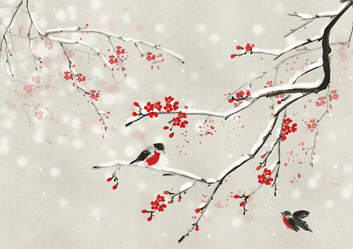 小鸟冬天梅花雪花背景