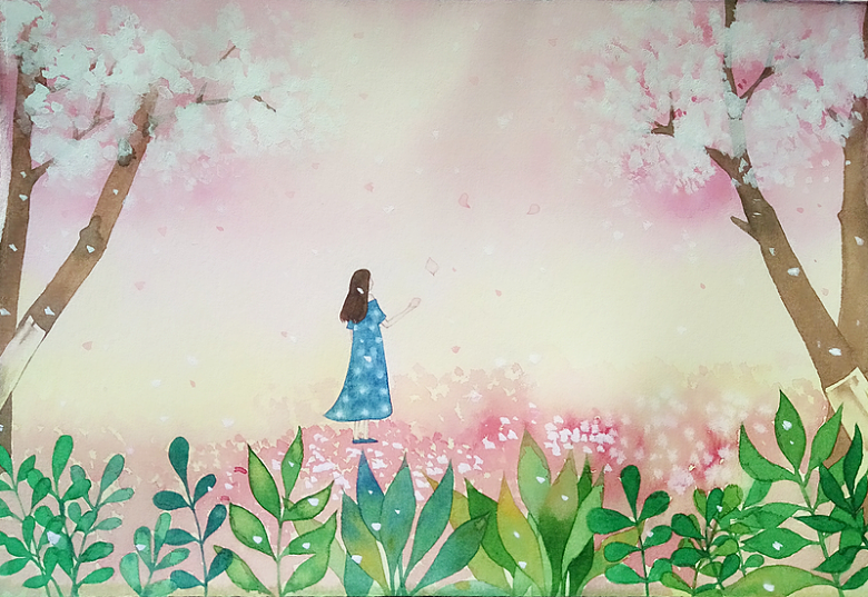 春天背景手绘樱花手绘人物绿叶