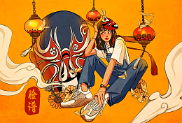 国潮女孩与京剧脸谱插画背景