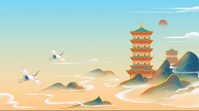 国潮山水古风建筑中国风仙鹤