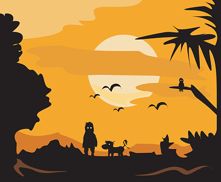 卡通扁平黄昏人物剪影日落唯美背景素材