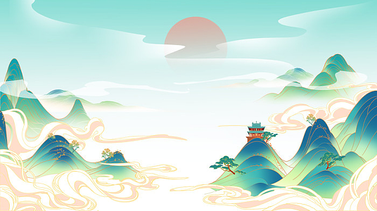 手绘国潮古风水墨画风景山水背景(1920x1080)psdpng中国风古老底纹