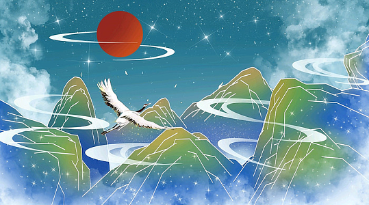 国风青绿山水仙鹤