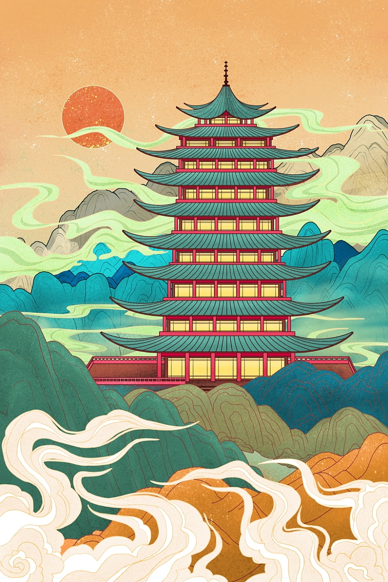中国风，古建筑，九层塔楼，插画，国潮