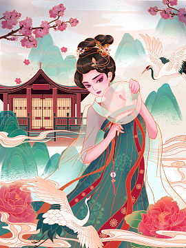 国潮 汉服女子 手绘 亭台 阁楼 祥云山