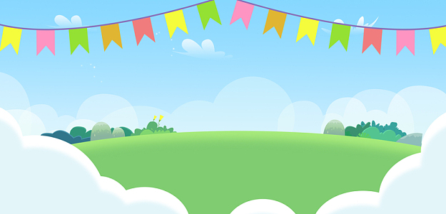 绿色卡通蓝天白云彩旗草地六一儿童背景