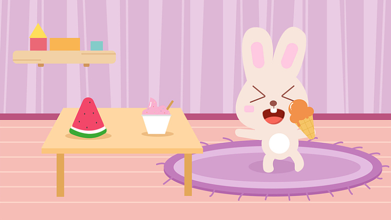 卡通可爱小兔子室内吃冰淇淋和西瓜插画
