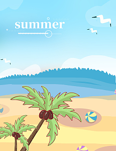 蓝色小清新夏季游玩海边沙滩椰树蓝天背景