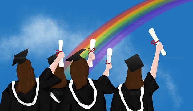 蓝色水彩毕业季彩虹女孩背影素材