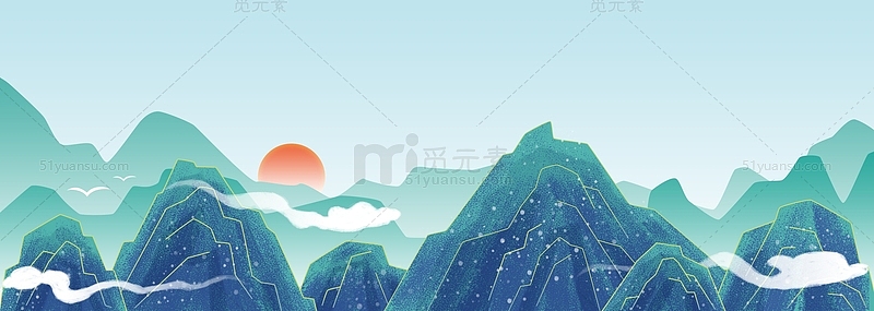 青绿金线山水国潮古典中国风背影素材