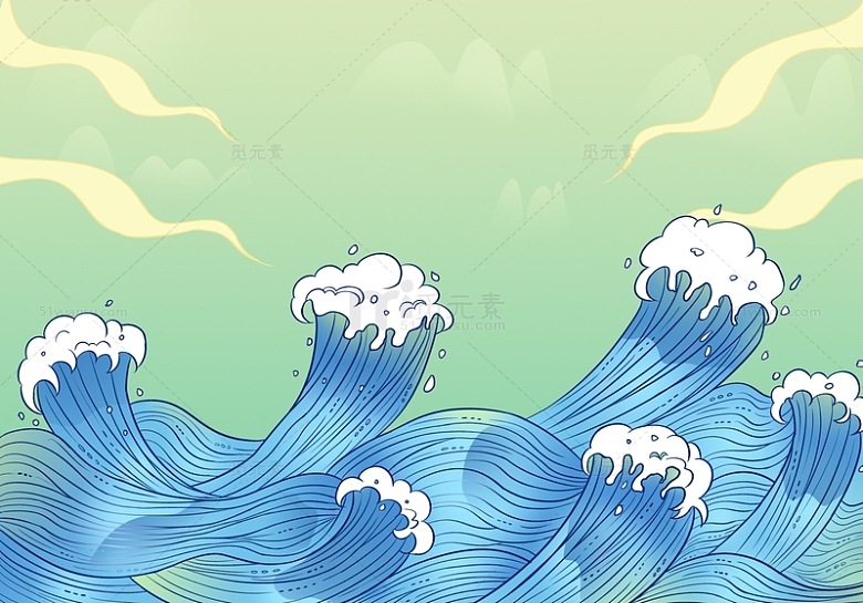 蓝色国潮海浪浪花中国风手绘背景图