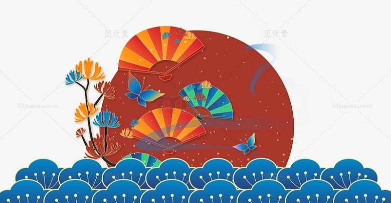 国潮插画背景图中国风扇子元素