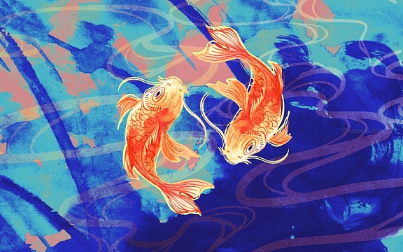 蓝色手绘双鱼国潮背景