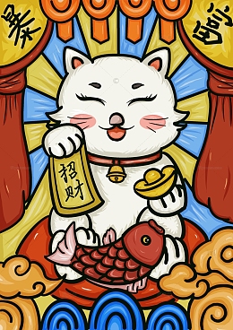 红色国潮粗犷风暴富招财猫