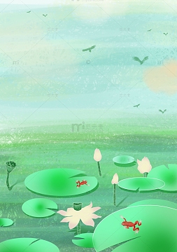 绿色清新池塘风景小暑插画