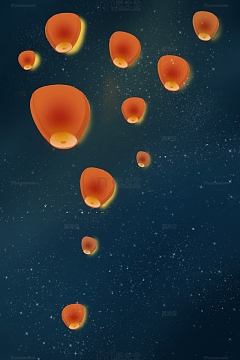 橙色手绘星空漫天灯笼七夕氛孔明灯手绘图