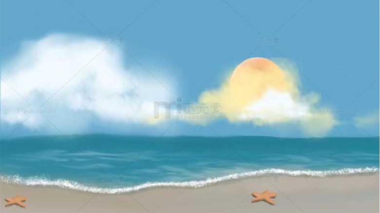 蓝色小清新沙滩海边落日手绘小暑背景