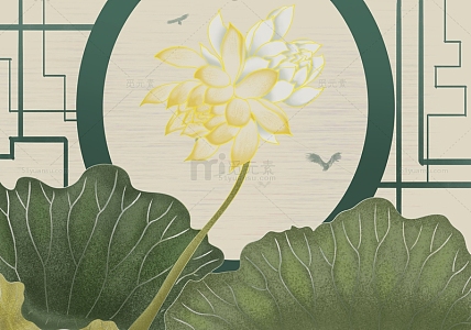 绿色国风手绘插画并蒂莲花背景