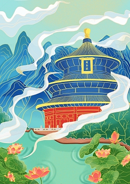 蓝色系国潮细腻风手绘图