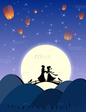 蓝色夜空手绘七夕牛郎织女背景