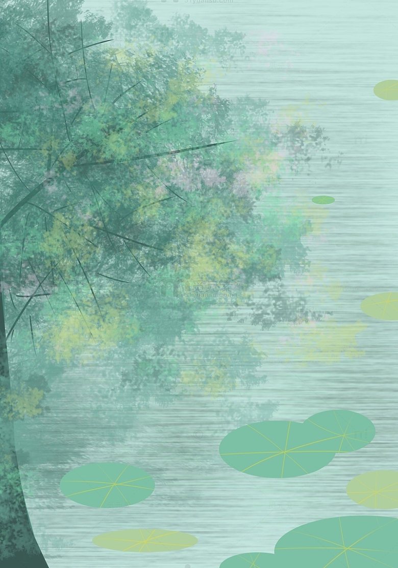 绿色小清新夏天大暑手绘插画背景大树荷叶