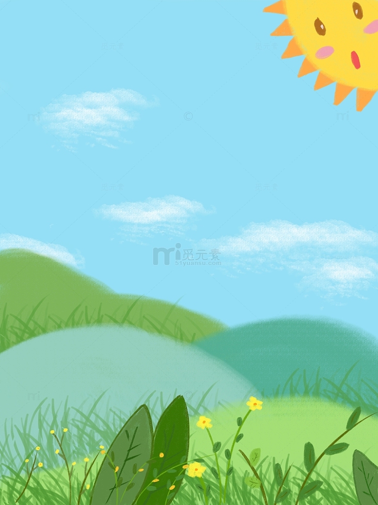 多色小清新草地山坡太阳手绘背景大暑背景