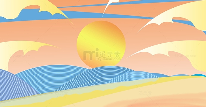 橙红色为主长河落日国潮平面背景图