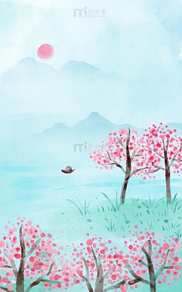 水彩桃花林七夕背景