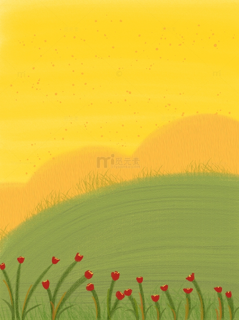 黄绿色插画草地花朵淡黄色背景大暑手绘图