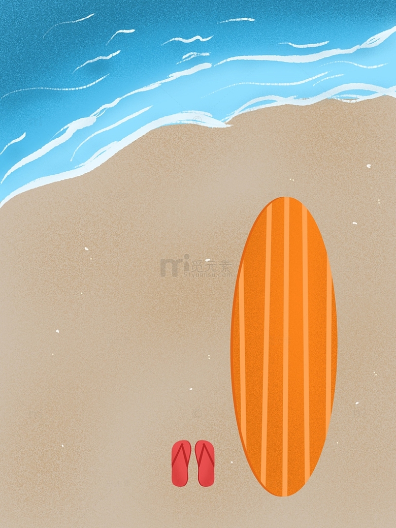 蓝色夏日清凉沙滩海浪冲浪板手绘背景