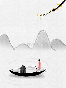 水墨乌篷船姑娘撑船山峰腊梅水墨画手绘图
