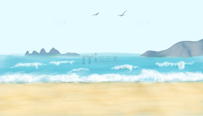 手绘夏季海滩海面海浪PSD