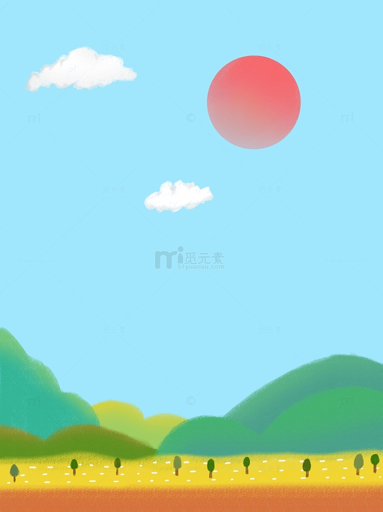 太阳蓝天白云树木森林插画背景大暑手绘图