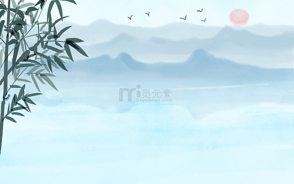 水墨画山水和竹叶背景