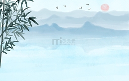 水墨画山水和竹叶背景