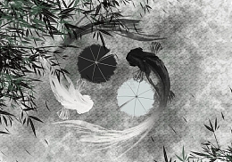 墨色水墨风落叶竹林锦鲤嬉戏水墨图插画背景