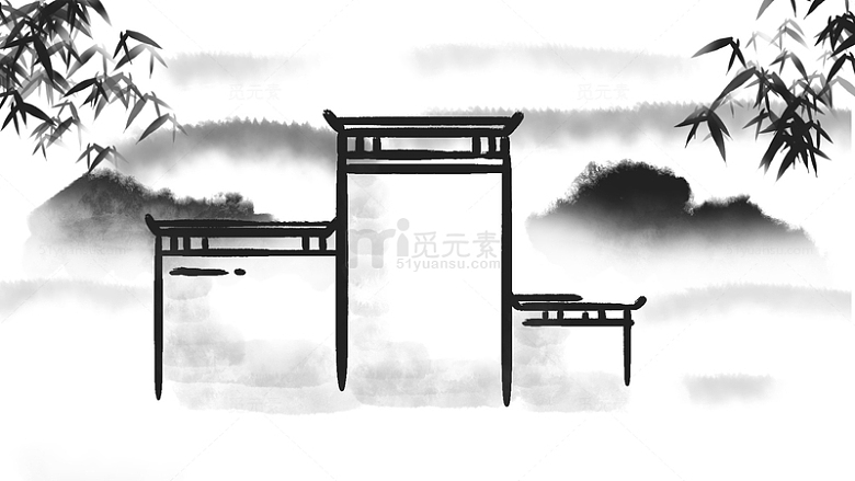 中国风手绘水墨风建筑山水风景背景