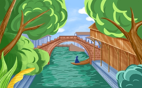 绿色清新江南水乡夏季手绘图