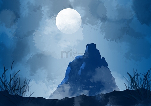 手绘水墨夜景山峰插画
