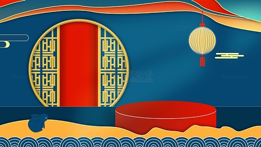ps写实手绘国风中秋舞台背景