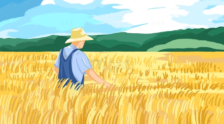 金黄色秋天的麦田农民叔叔立秋手绘背景图