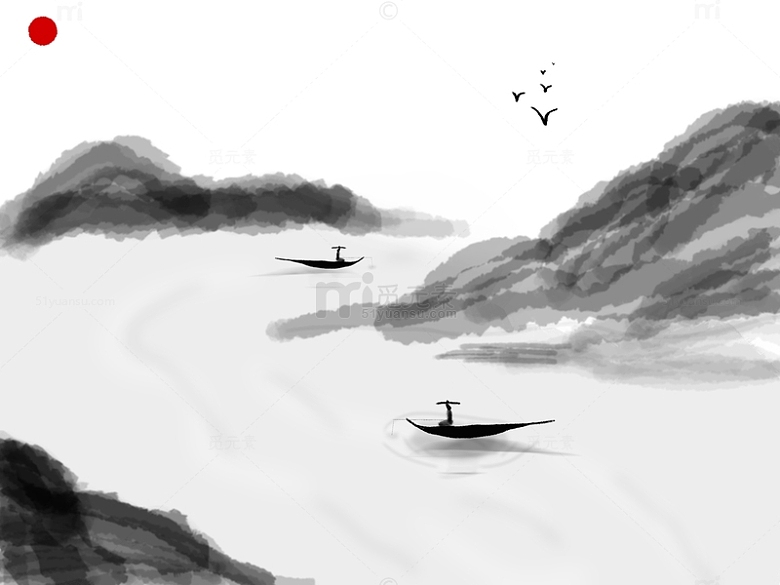 黑白灰中国传统风水墨风山水画手绘背景图