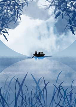 手绘水墨夜景水景插画