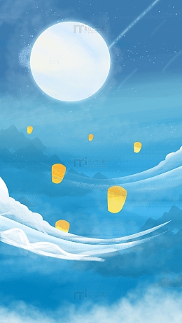 中秋小清新月亮白云蓝背景