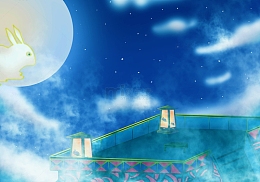蓝色国潮风中秋夜团圆佳节望月玉兔背景