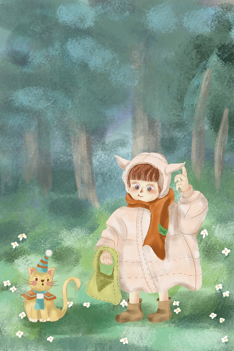 绿色儿童插画风格森林里的小女孩和猫咪手绘