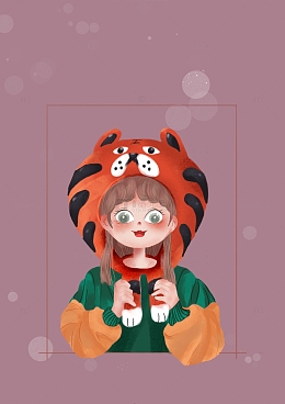 紫红色插画风格带虎头帽的小女孩手绘图