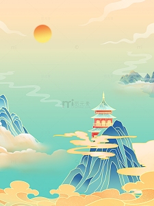国潮手绘中秋山水卡通风景背景